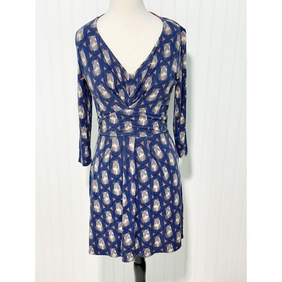 Boden Women's Geometric Print V Neck Ruched Midi Dress Long Sleeve Blue Size 10‎ - Picture 11 of 11